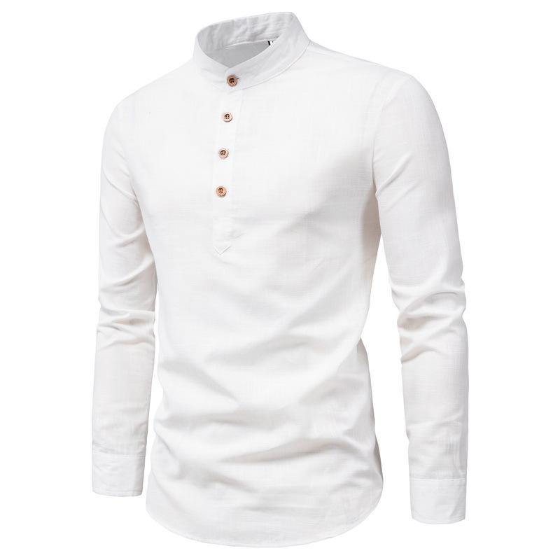 Camisa de manga larga de algodón y lino camisa de cuello alto de color liso - MXbueno