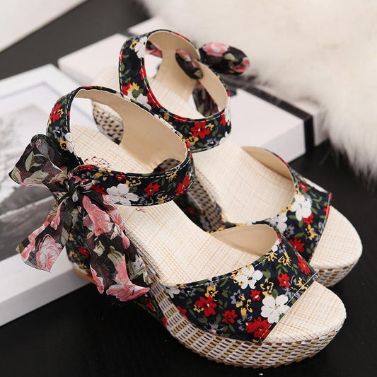 Sandalias de mujer de cintas de encaje con estampado de moda casual