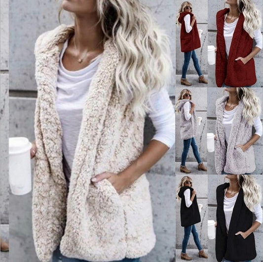 Chaleco De Bolsillo Con Capucha Y Sin Mangas De Color Sólido De Moda Para Mujer De Talla Grande Y Chaleco De Piel