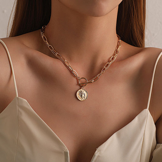 Collar Con Colgante De Cabeza De Marca Redonda Irregular De Moda Collar De Cadena Doble Simple Para Mujer