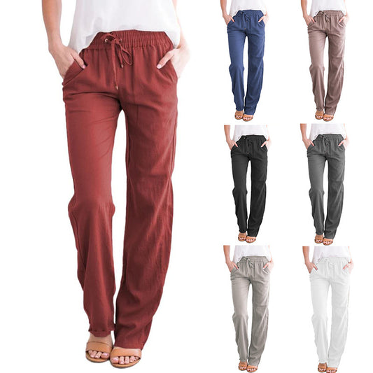 Pantalones Anchos Holgados De Algodón Y Lino Con Cordón