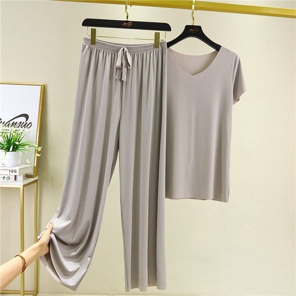 [W-Ropa] Suave Y Cómoda Camiseta De Manga Corta De Seda Helada, Conjunto De Dos Piezas, Pantalones Sueltos De Pierna Ancha