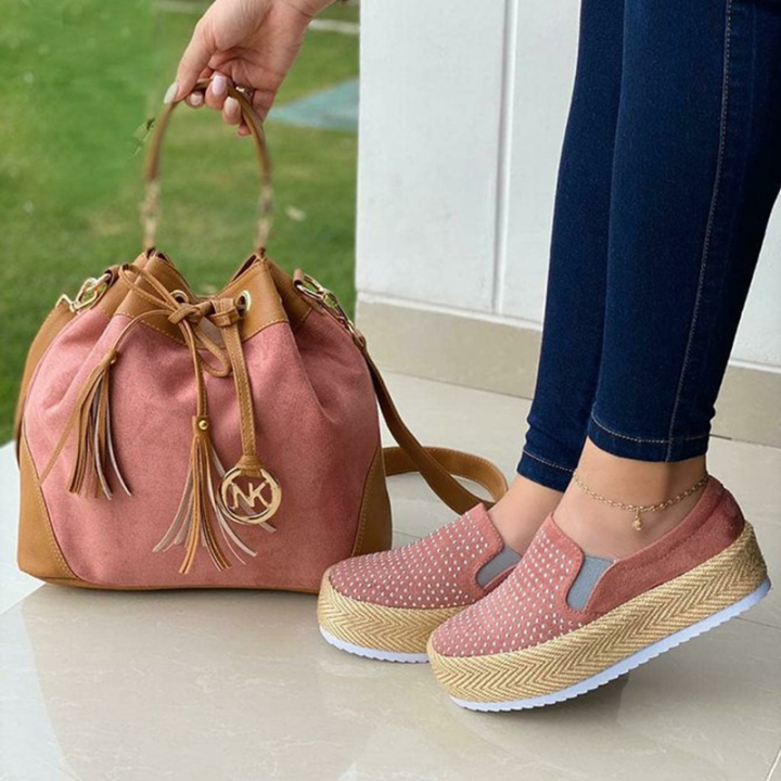 [W-Zapato] Zapatos De Plataforma Sin Cordones Con Diamantes De Imitación Para Mujer