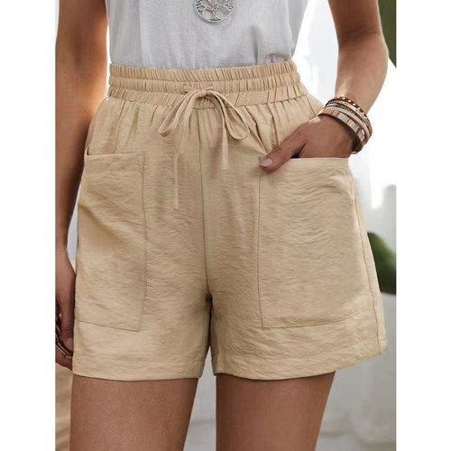 [W-Ropa] Pantalones Cortos Casuales De Algodón Y Lino Sueltos Con Dos Bolsillos De Color Liso Para Mujer