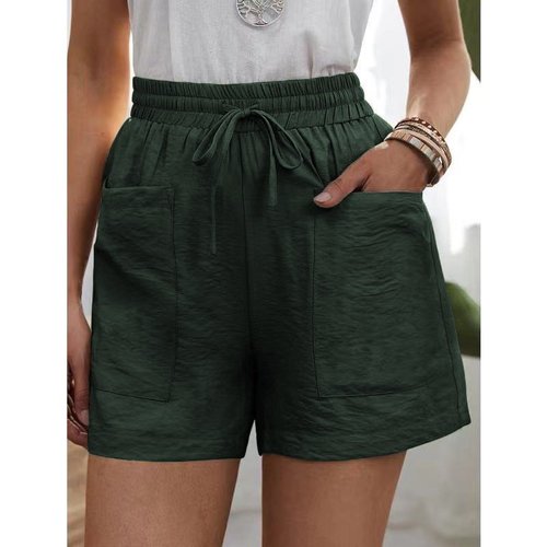 [W-Ropa] Pantalones Cortos Casuales De Algodón Y Lino Sueltos Con Dos Bolsillos De Color Liso Para Mujer