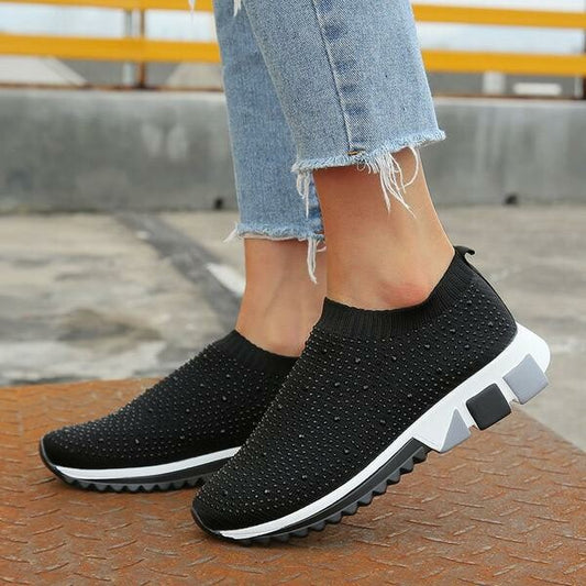 Zapatillas De Mujer Negras Sin Cordones Con Diamantes De Imitación