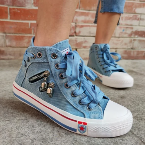 Zapatillas De Lona Con Diseño De Cordones Y Espalda Alta De Mezclilla Para Mujer - MXbueno
