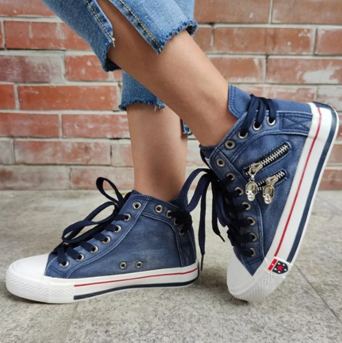 Zapatillas De Lona Con Diseño De Cordones Y Espalda Alta De Mezclilla Para Mujer - MXbueno