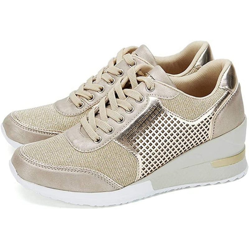 [W-Zapato] Zapatos De Mujer De Encaje Delantero Con Malla De Cuña De Ocio De Cabeza Redonda En Verano