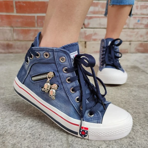 Zapatillas De Lona Con Diseño De Cordones Y Espalda Alta De Mezclilla Para Mujer - MXbueno