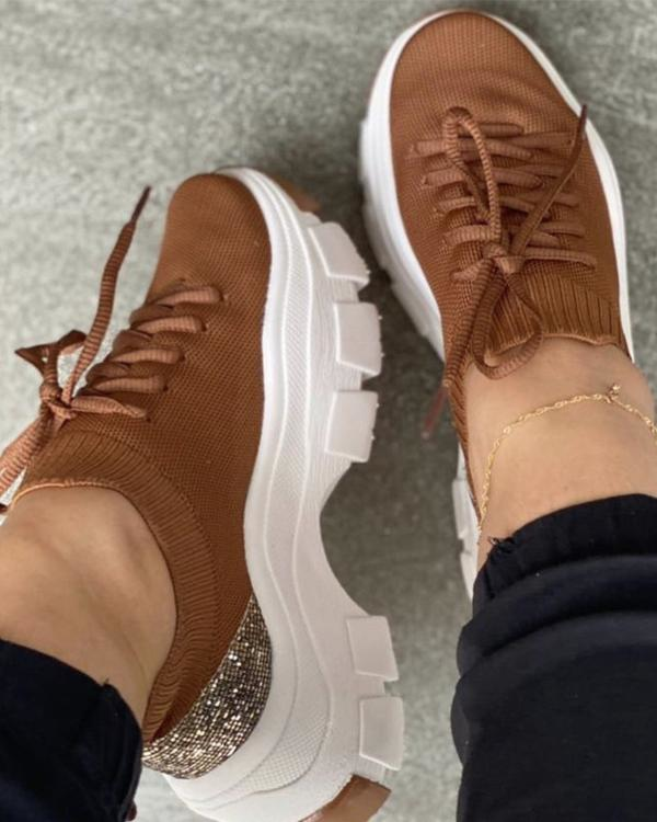 Zapatos Deportivos Con Plataforma Y Cordones De Lentejuelas Para Mujer