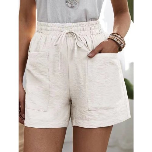 [W-Ropa] Pantalones Cortos Casuales De Algodón Y Lino Sueltos Con Dos Bolsillos De Color Liso Para Mujer