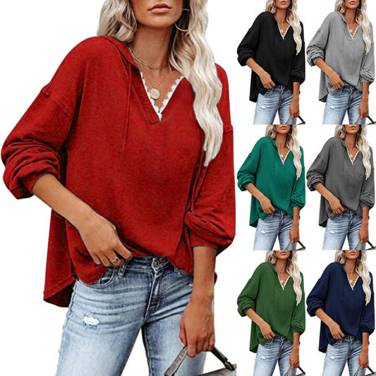 Sudadera Con Capucha Holgada Informal Con Cordones Y Cuello En V
