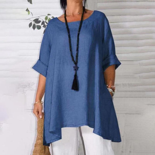 Blusa holgada casual de algodón y lino de color liso para mujer