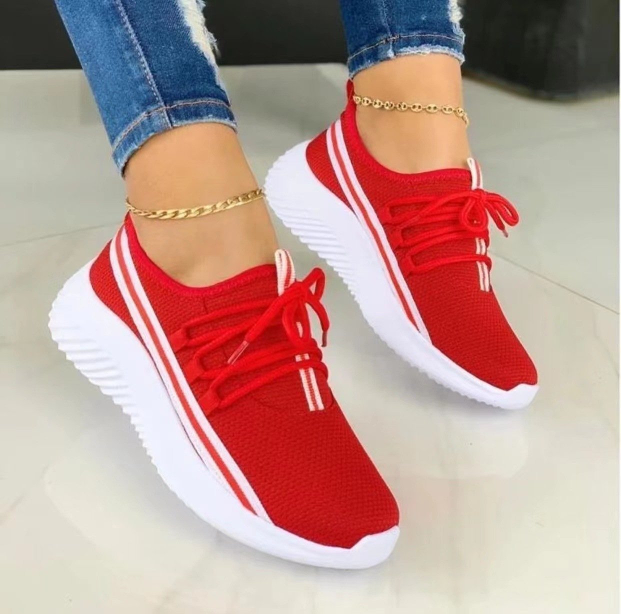 [W-Zapato] 2022 Transpirable Con Cordones Flyknit Casual Talón Plano Zapatos Casuales De Malla