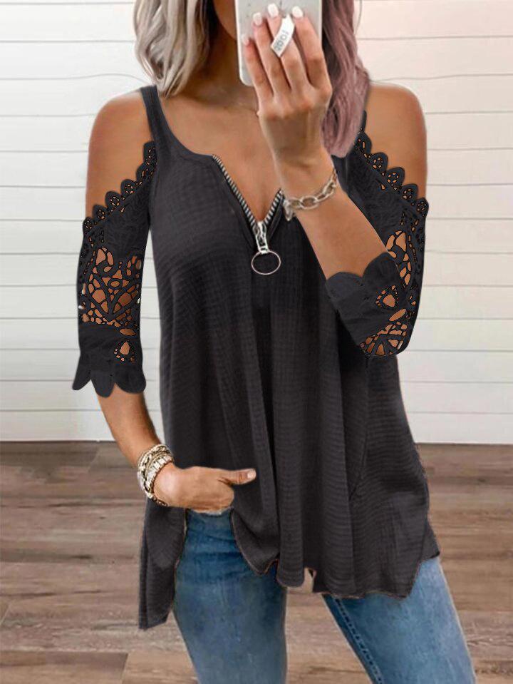 [W-Ropa] Nuevo Chaleco De Tirantes Popular Con Manga De Encaje Recortada