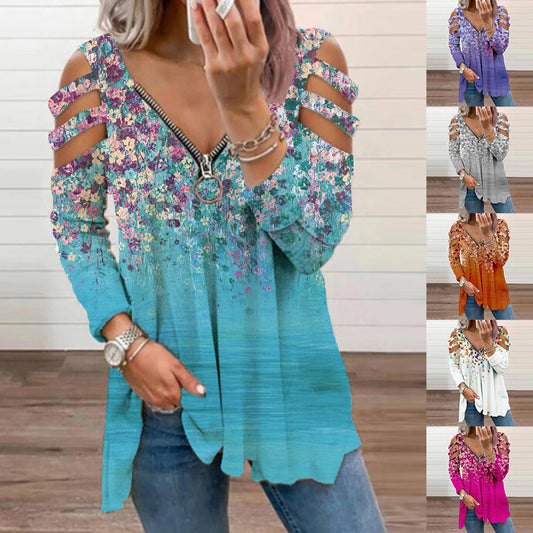 Camiseta De Manga Larga Con Cremallera Y Cuello En V Floral Pequeña Fuera Del Hombro