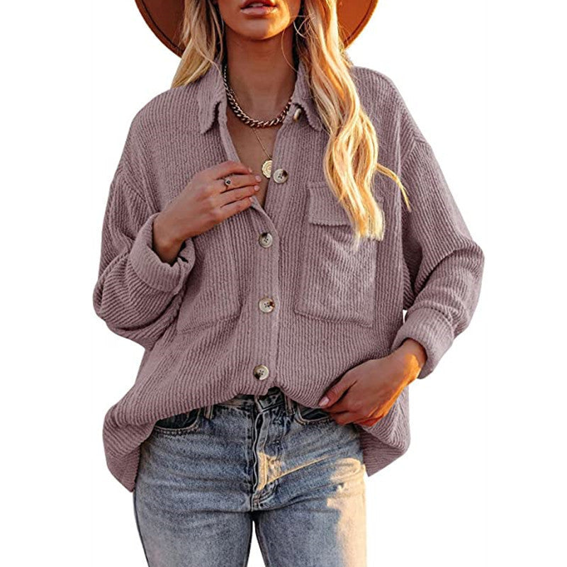 Chaqueta Estilo Camisa De Pana De Manga Larga Con Doble Bolsillo Y Solapa