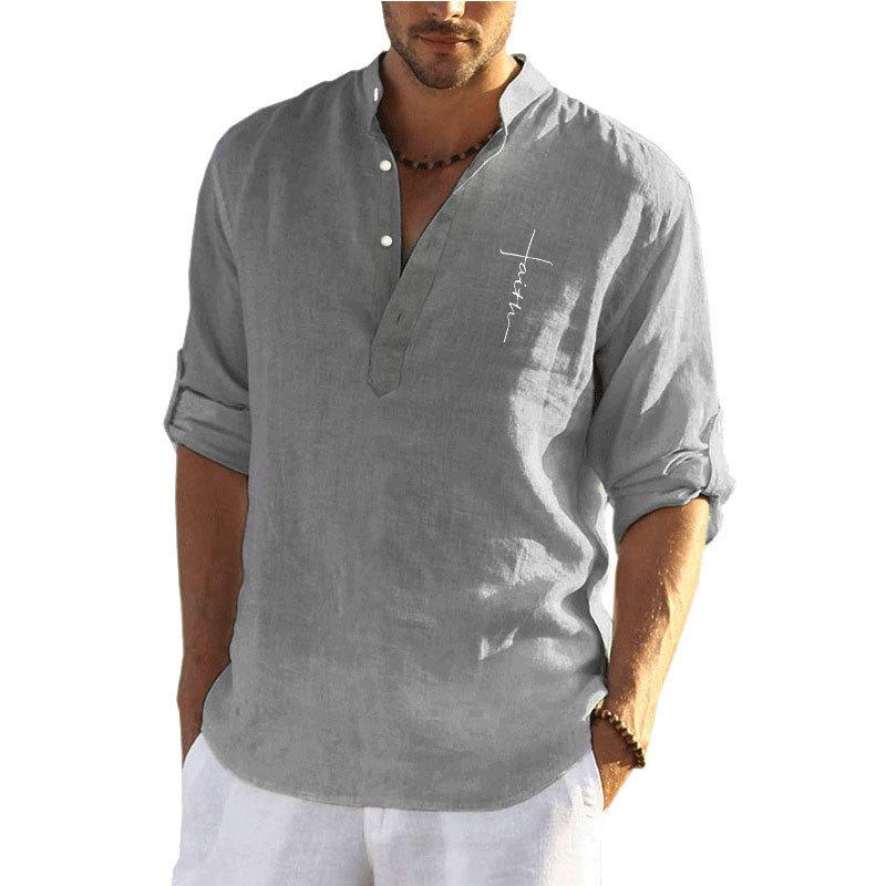 [M-Ropa] Camisa Casual Con Estampado Lisa De Algodón Y Lino Para Hombre