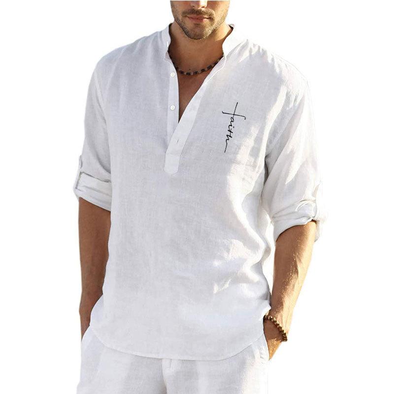 [M-Ropa] Camisa Casual Con Estampado Lisa De Algodón Y Lino Para Hombre