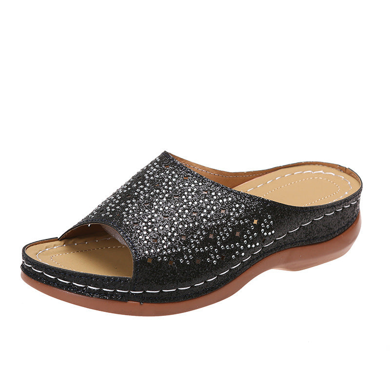 [W-Zapato] 2022 Zapatillas De Mujer Remache Rhinestone Hueco Boca De Pez Zapatos Tallados Sandalias De Cuero