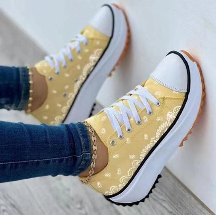 [W-Zapato] 2022 Primavera Nuevos Zapatos De Mujer Casuales De Plataforma De Lona Estampada De Suela Gruesa De Caña Baja