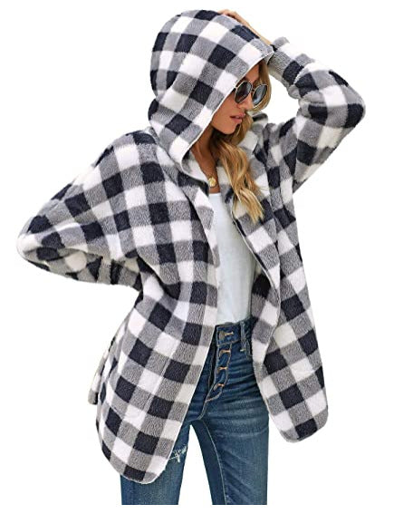 Chaqueta Holgada De Manga Larga Con Capucha A Cuadros En Blanco Y Negro