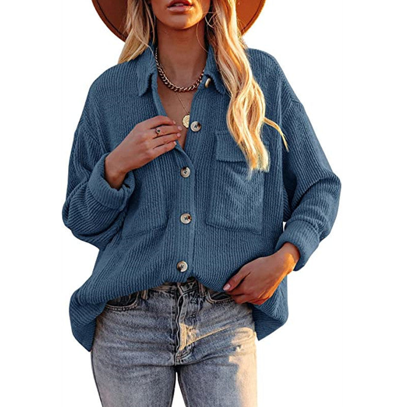 Chaqueta Estilo Camisa De Pana De Manga Larga Con Doble Bolsillo Y Solapa
