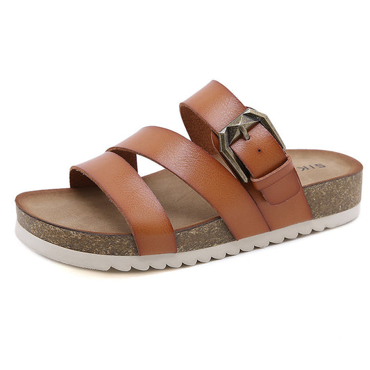 Sandalias Cómodas Antideslizantes Con Hebilla Metálica Y Suela De Madera