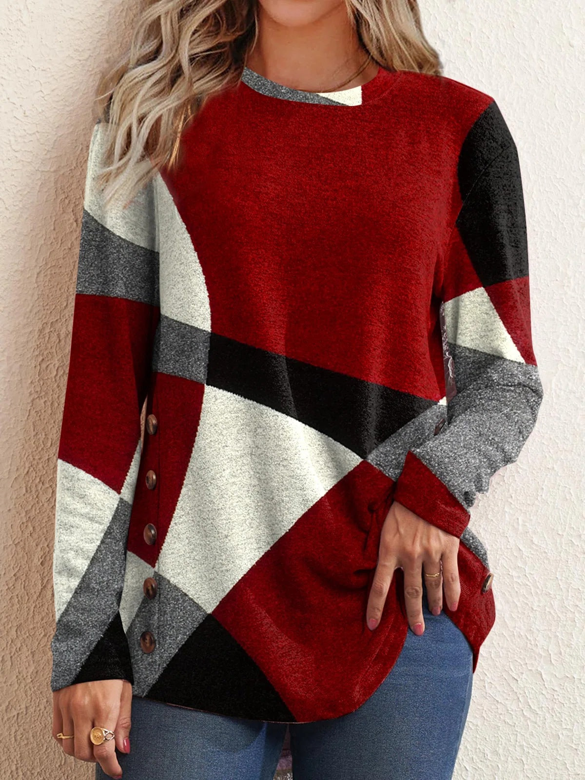 [W-Ropa] 2022 Camiseta De Manga Larga Con Contraste Geométrico