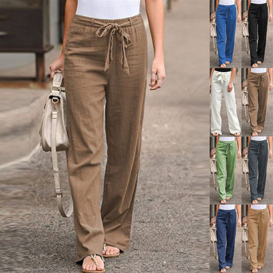Pantalón De Pernera Ancha Con Cinturón De Algodón Y Lino