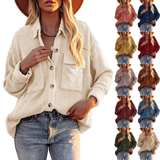 Chaqueta Estilo Camisa De Pana De Manga Larga Con Doble Bolsillo Y Solapa