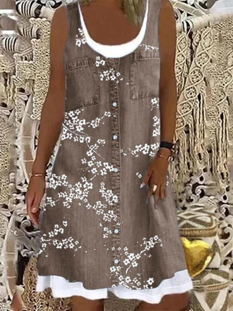[W-Ropa] Estampado Retro Falso Vestido De Dos Piezas