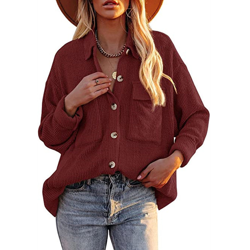 Chaqueta Estilo Camisa De Pana De Manga Larga Con Doble Bolsillo Y Solapa
