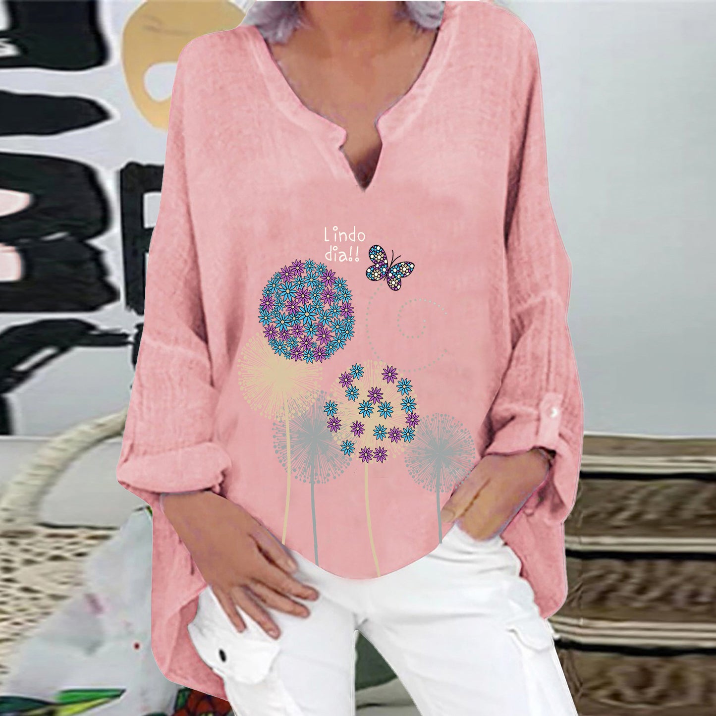 [W-Ropa] 2022 Primavera Casual Urban Casual Mujer Algodón Cuello En V Camisa De Talla Grande