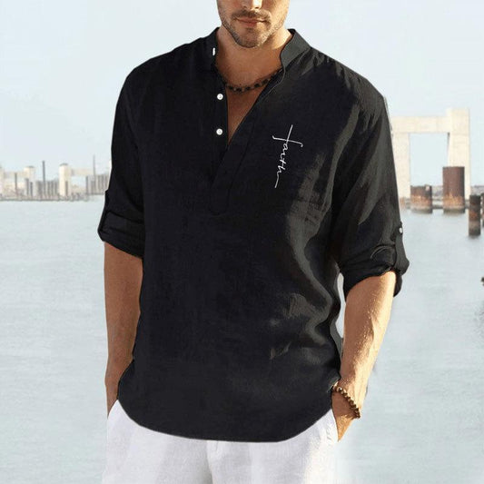 [M-Ropa] Camisa Casual Con Estampado Lisa De Algodón Y Lino Para Hombre