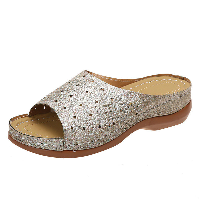 [W-Zapato] 2022 Zapatillas De Mujer Remache Rhinestone Hueco Boca De Pez Zapatos Tallados Sandalias De Cuero