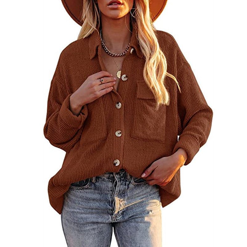 Chaqueta Estilo Camisa De Pana De Manga Larga Con Doble Bolsillo Y Solapa