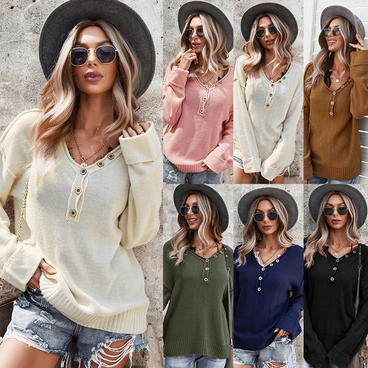 Suéter De Manga Larga De Otoño E Invierno 2021 Color Sólido Con Cuello En V Blusa De Un Solo Pecho Temperamento Viajero