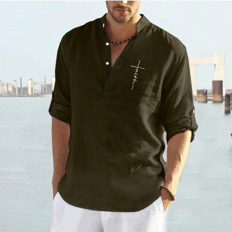 [M-Ropa] Camisa Casual Con Estampado Lisa De Algodón Y Lino Para Hombre