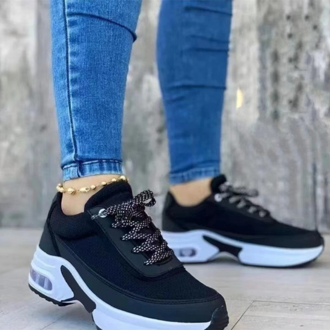[W-Zapato] Zapatos De Cojín De Aire Con Plataforma De Tacón De Cuña Informal Punta Redonda Con Cordones