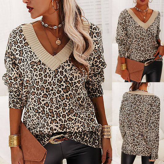 Suéter Casual Suelto Con Cuello En V Y Manga Larga Con Estampado De Leopardo Para Mujeres Europeas Y Americanas