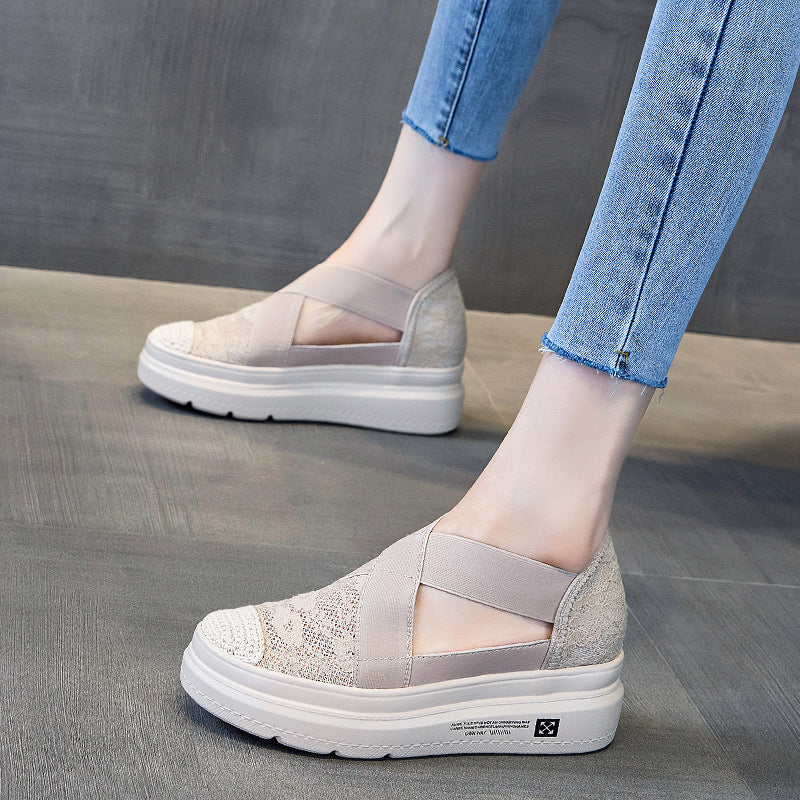 [W-Zapato] Aumento De 7 Centímetros Cómodo, Antideslizante Y Casual Zapatos De Mujer Talón De Pendiente Y Suela Gruesa