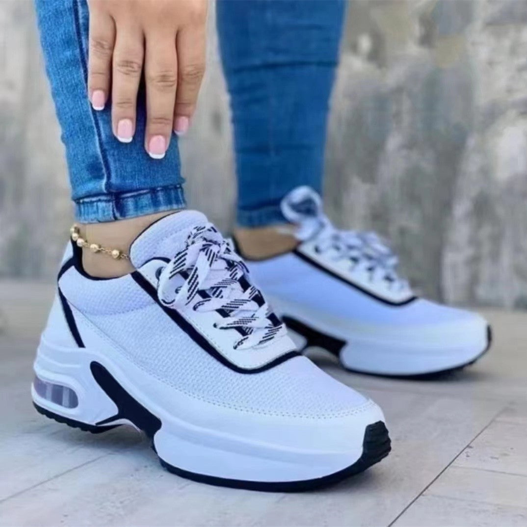 [W-Zapato] Zapatos De Cojín De Aire Con Plataforma De Tacón De Cuña Informal Punta Redonda Con Cordones