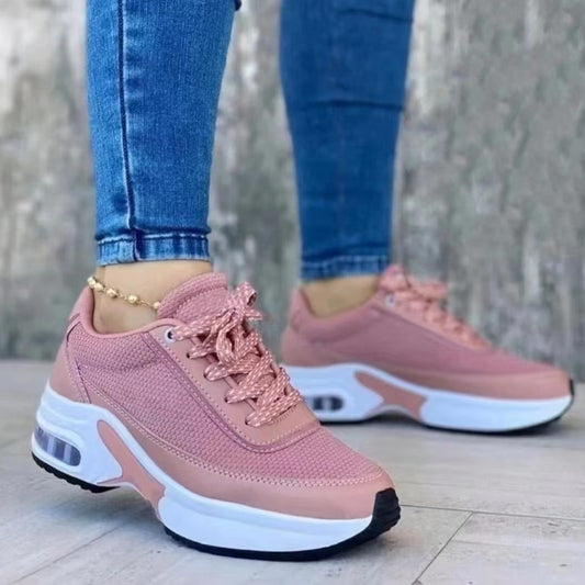 [W-Zapato] Zapatos De Cojín De Aire Con Plataforma De Tacón De Cuña Informal Punta Redonda Con Cordones