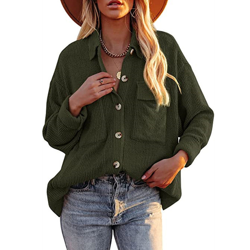 Chaqueta Estilo Camisa De Pana De Manga Larga Con Doble Bolsillo Y Solapa