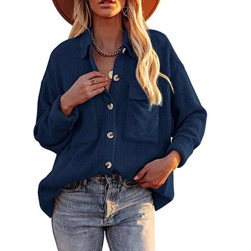 Chaqueta Estilo Camisa De Pana De Manga Larga Con Doble Bolsillo Y Solapa