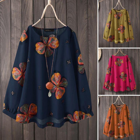 Camisa De Manga Larga Estampada Retro Holgada De Algodón Y Lino