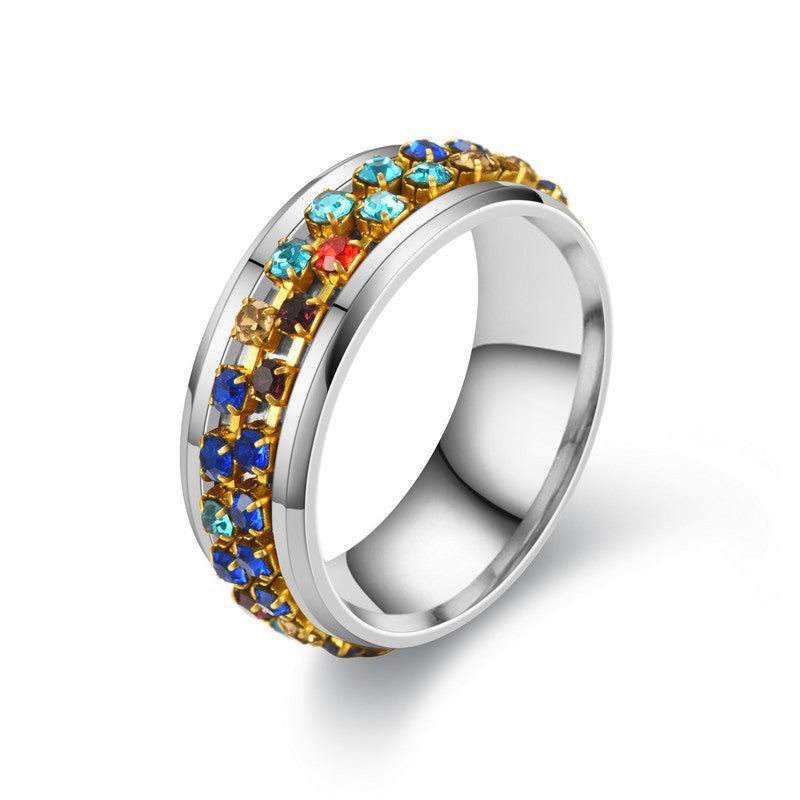 Anillo Giratorio De Acero Titanio De Acero Inoxidable Con Diamantes De Colores Para Mujer
