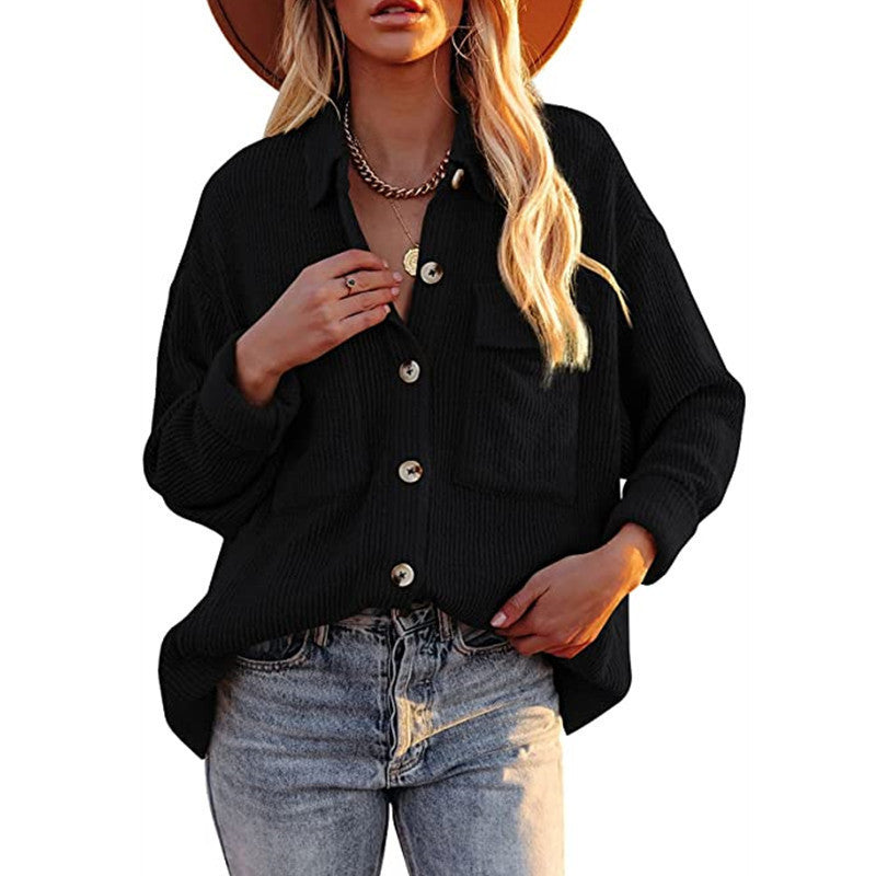 Chaqueta Estilo Camisa De Pana De Manga Larga Con Doble Bolsillo Y Solapa